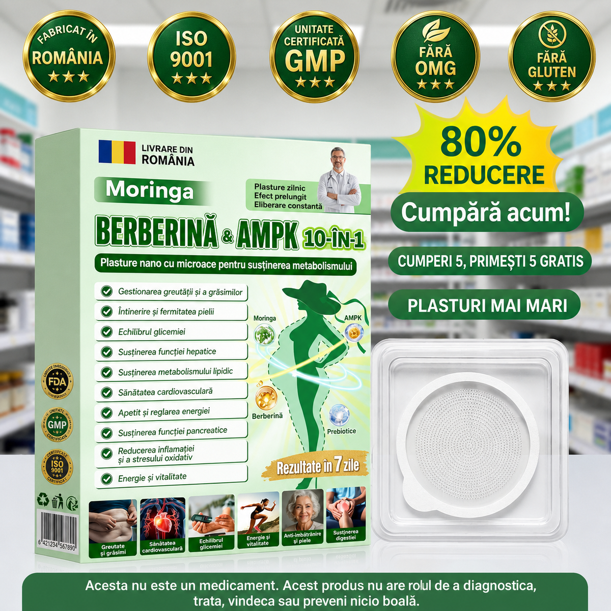 🧑‍⚕️ Plasture nano cu microace 10-în-1 pentru susținerea metabolismului cu Moringa × Berberină × AMPK 🇷🇴