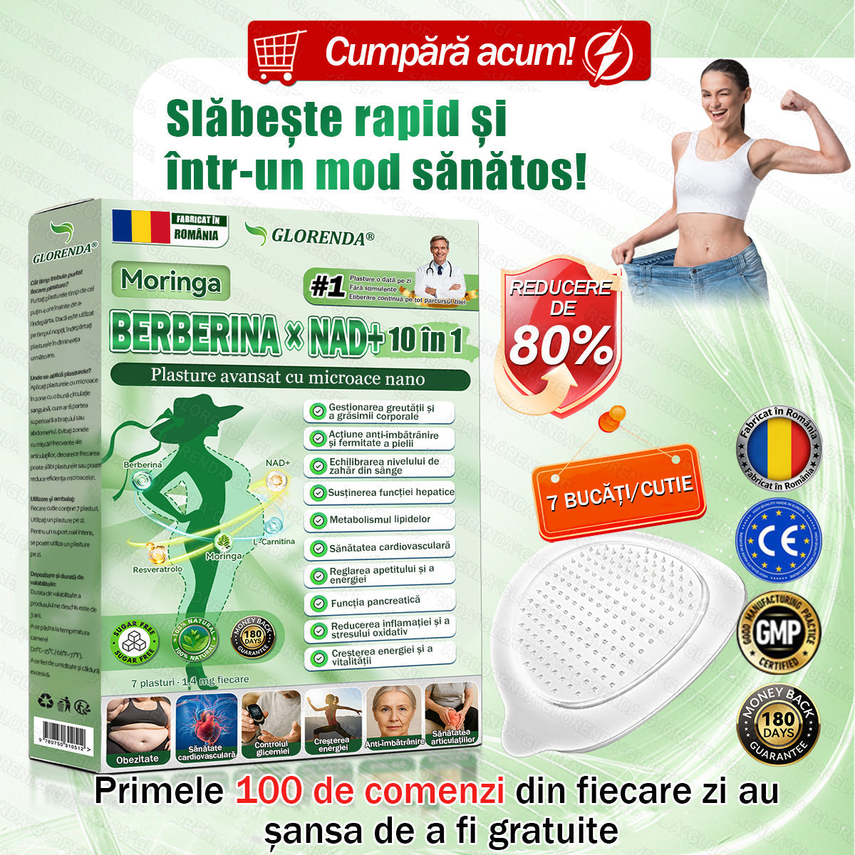 💖 Magazin Oficial | 🌿 GLORENDA® Moringa · Berberină × NAD+ Plasture Avansat Nano cu Microace 10 în 1 (Doar o dată pe zi, schimbări vizibile în 7 zile) ✅ Pentru obezitate, piele lăsată, diabet, apnee în somn, probleme articulare și multe altele